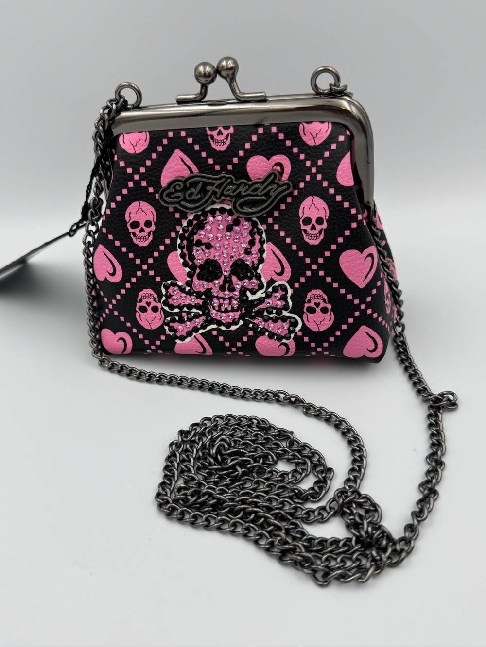 Ed Hardy Mini Kiss Lock Purse Pink Skull Rhinestone Coin Purse NWT Y2K Baddie